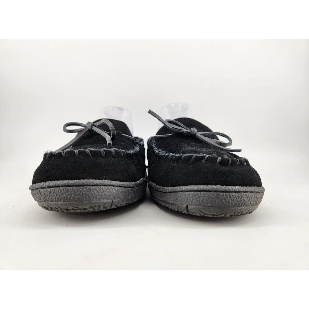 Clarks Moccasin Slippers Mens 9M Black Leather Suede Faux Fur Lined 22SH-011